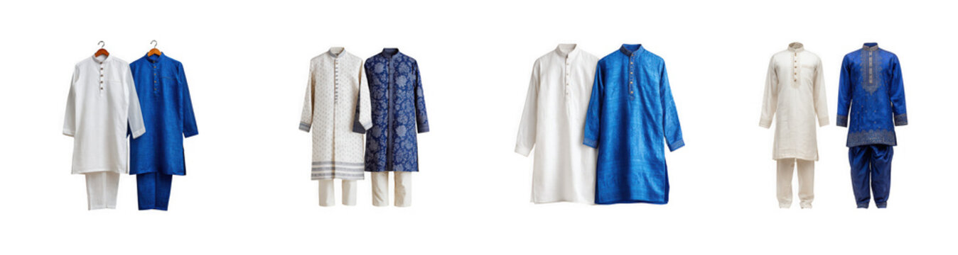 Traditional men's kurta pajama sets in white and blue embroidery displayed on hangers isolated on transparent background