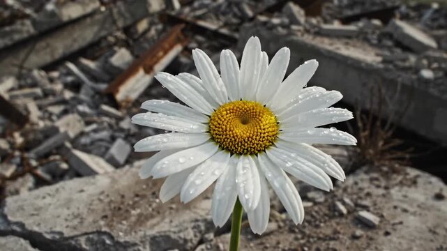 Sweeping aerial drone shot slowly descending toward a single white daisy growing in the center of a desolate landscape of concrete ruins and extensive structural collapse high angle, lonely, spring