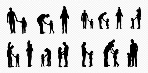 Fototapeta premium Set of black silhouettes of parents and children, depicting family bonding and interaction on a transparent background.