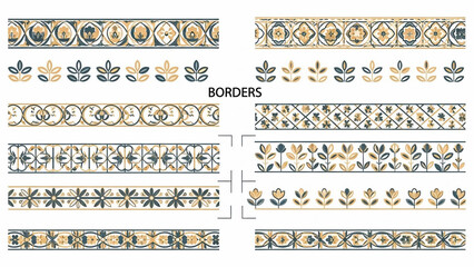 Vector Set of Vintage Floral Borders with Gold and Teal Decorative Patterns for Greeting Cards and Invitations