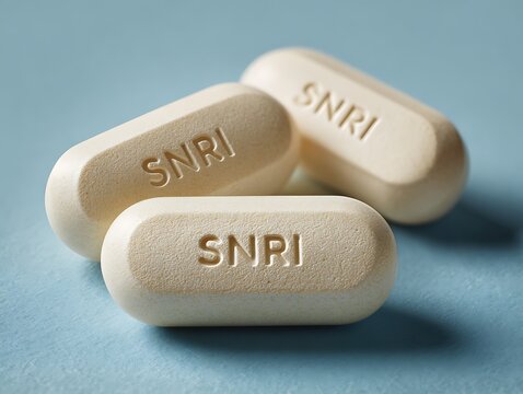Macro studio shot of SNRI medication capsules, symbolizing pharmacological treatment for depression, anxiety disorders, and chronic pain management.