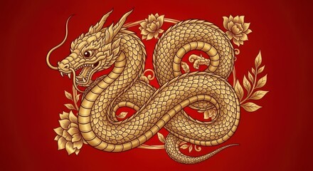 Fototapeta premium Intricate golden dragon amidst red background with floral accents