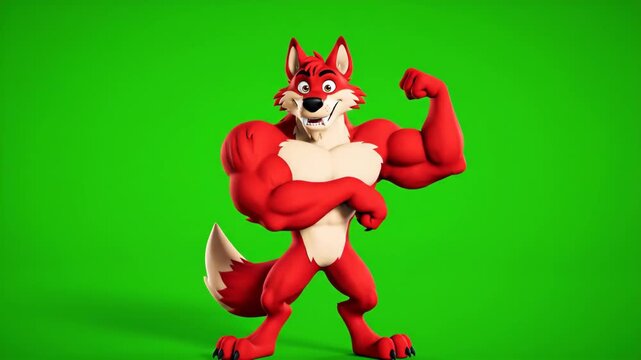 Cartoon Muscular Red Wolf Posing on a Green Screen Background