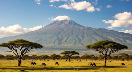 Serene Savannah Landscape with Acacia Trees and Mountain.