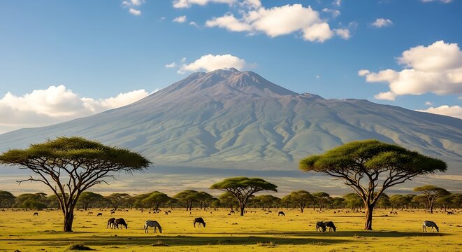 Serene Savannah Landscape with Acacia Trees and Mountain.