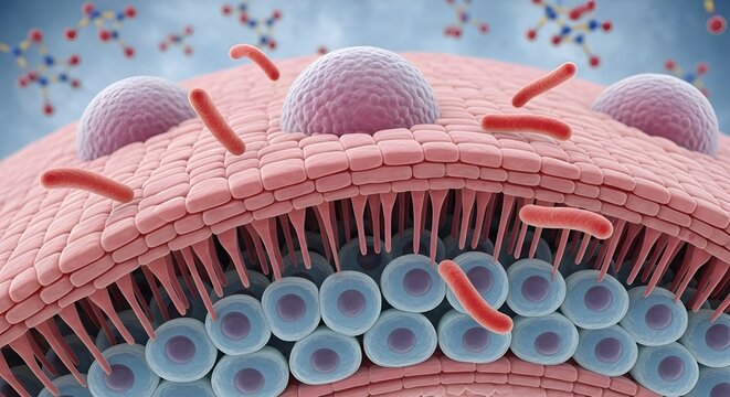 Cross-sectional view of cellular interaction showcasing microvilli and cellular components