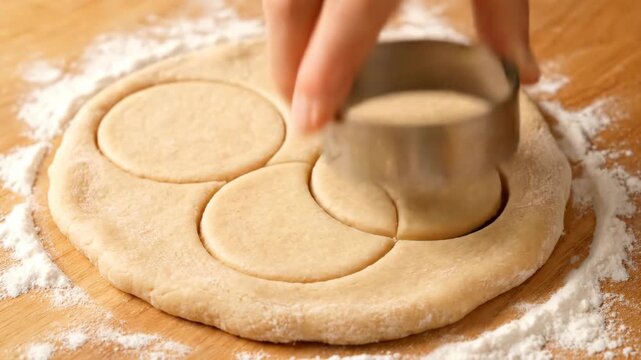 Biscuit dough cut with cookie cutter, clean stamped shapes, baking process close up, homemade dessert food concept