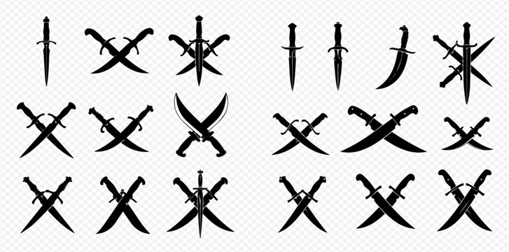 Collection of black silhouettes of crossed swords, daggers, and sabers, isolated on a transparent background, representing various weapon designs.