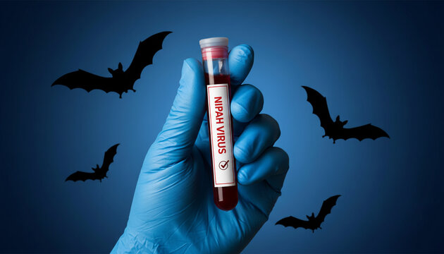 gloved hand wearing bright blue nitrile medical gloves holding a transparent laboratory test tube filled with red blood. The tube has a white label reading &ldquo;NIPAH VIRUS&rdquo; in bold red capital letters.