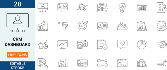 Minimal line art CRM dashboard icon set with editable stroke for analytics, metrics, insights, revenue growth, pipeline tracking, data graphs and modern business workflow interface design.  © shafiuzzaman