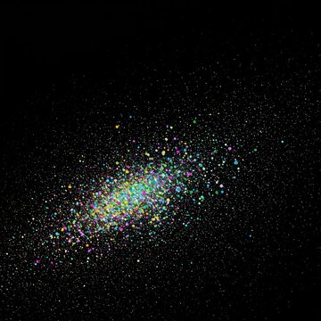 Chaotic distribution of multicolored geometric particles spreading across a wide visual field. Illustrates probability and statistical variation ,complexity ,explosion ,splash