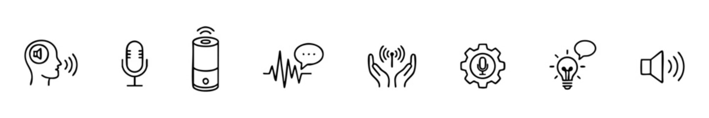 Fototapeta premium Minimal voice tech icons: speech, microphone, smart speaker, sound wave, signal, and audio control.