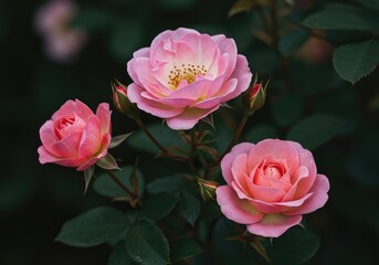 Fototapeta premium Close up view of delicate pink and white posy roses blooming vibrantly in a summer garden setting ,blossom ,shrub ,detailed