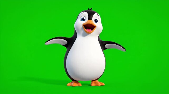 Cartoon Penguin with Bright Blue Eyes Waving on Green Background with Realistic Shadows and Subtle Textures in High Quality Render
