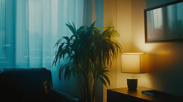 Cozy residential living room corner providing comfort and privacy, featuring a vibrant houseplant, an armchair, and a warm table lamp against a window with sheer curtains