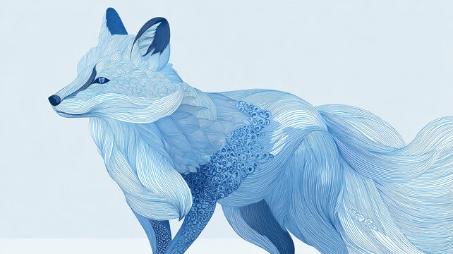 Blue fox with ornamental patterns in watercolor style on light background