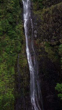 Stunning aerial perspective of Cascata do Risco waterfall in Madeira, surrounded by lush green cliffs and cascading into a serene pool below, highlighting the island's natural beauty