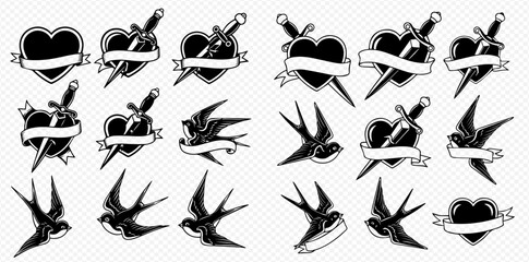 Set of traditional old school tattoo elements including hearts, daggers, and swallows with banners for custom text. © Adji
