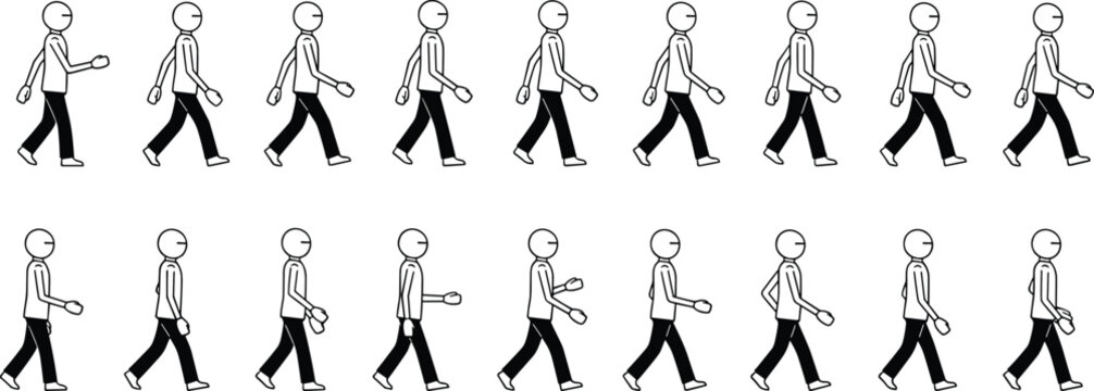 Minimal stick figure walking animation sequence showing step by step human movement cycle, simple black and white cartoon illustration