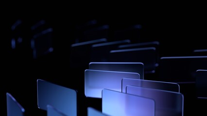 Glass objects are arranged in a structure on a black background, 3d render	