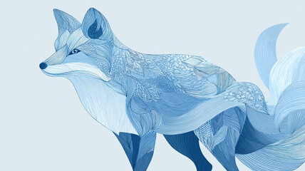 Fototapeta premium Blue fox with ornamental patterns in watercolor style on light background