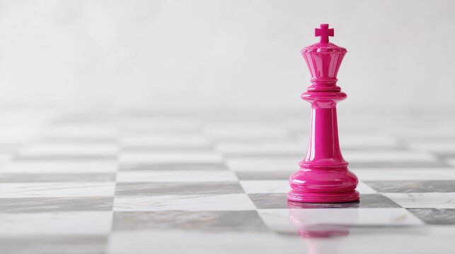 One pink queen chess piece standing on white chessboard, top view high contrast soft shadows, minimalist feminism woman power leadership concept banner, copy space, commercial use, business woman.