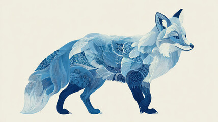 Fototapeta premium Stylized blue fox illustration with ornamental patterns in watercolor style on light background