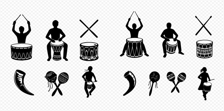 Set of various traditional African musical instruments and musicians playing them.
