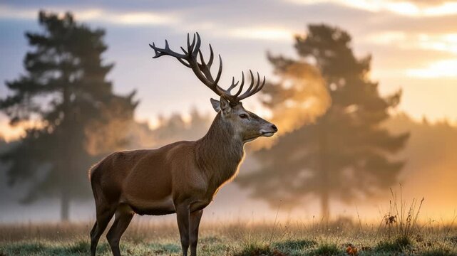 Majestic stag with impressive antlers stands proudly in a misty golden-hued forest at sunrise
