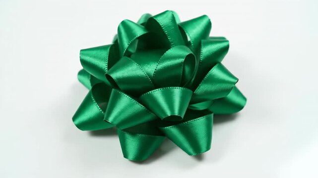 Stylized high angle flat lay shot of a bright emerald green decorative gift bow slowly rotating on a clean surface christmas theme, commercial asset, simple
