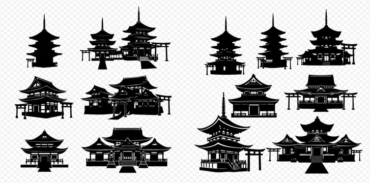 Collection of traditional Japanese temple and pagoda silhouettes, vector illustration set.