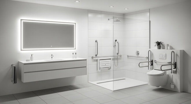 A modern bathroom with accessible features and sleek design elements