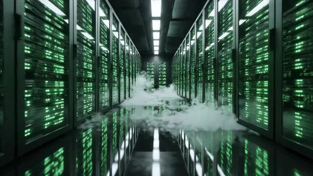 Futuristic server room with glowing green lights and swirling fog creating a high tech data center atmosphere for technology and cybersecurity themes