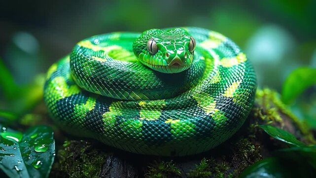 Close-up of a vibrant green snake coiled on a mossy log, showcasing intricate patterns and details in a lush, natural environment.