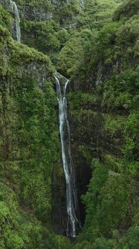 Stunning aerial perspective of Cascata do Risco waterfall in Madeira, surrounded by lush green cliffs and cascading into a serene pool below, highlighting the island's natural beauty