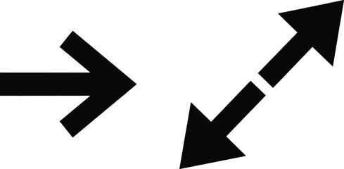 Black diagonal directional arrow icons isolated on white background, navigation and direction symbols, minimal road travel graphic illustration