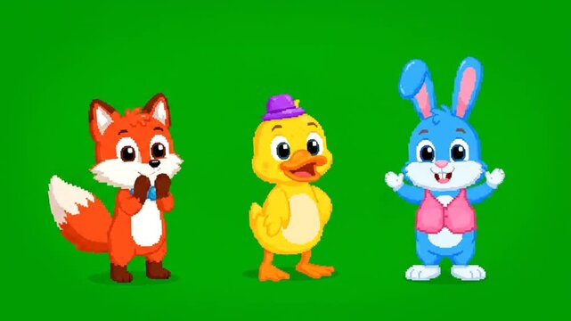 Animated characters including a fox, duck, and rabbit standing together in a green screen environment from a frontal viewpoint