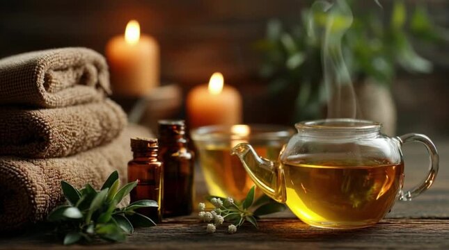Serene spa setup with herbal tea and aromatherapy essentials