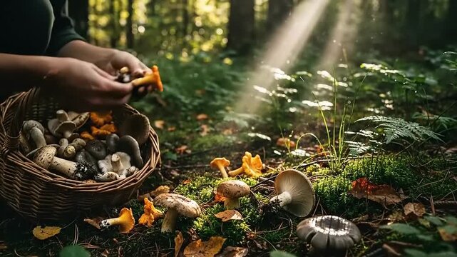 Mushroom Foraging in the Forest - A Close-Up of Hands Gathering Wild Fungi.