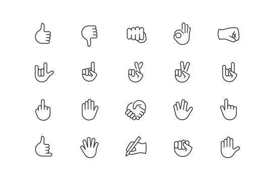 Hand gesture linear icons set. Point out, cool, approve, hello, heavy metal, thumbs up, fist, direction point symbols. Thin line editable stroke. Pixel perfect.