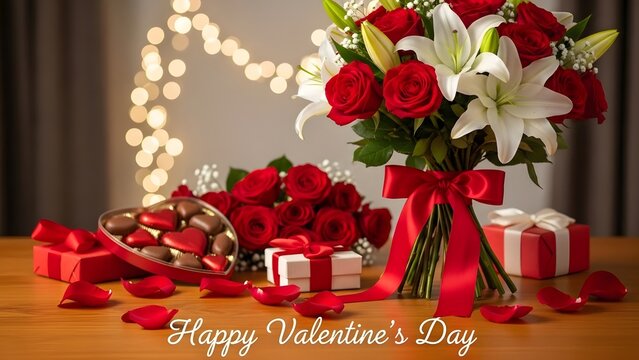 Valentine&rsquo;s Day Romantic Still Life with Roses and Chocolates