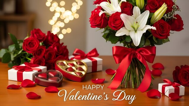 Valentine&rsquo;s Day Romance with Red Roses, Chocolates and Gift Boxes