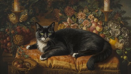 A refined oil painting of a sleek Domestic Shorthair cat resting on velvet, surrounded by fruits and flowers, glowing softly in candlelight with timeless Renaissance elegance.