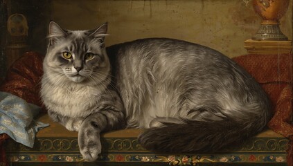 A refined oil painting of an aging British Shorthair cat in a Renaissance still life, radiating wisdom, dignity, and timeless elegance through rich detail and classical artistry.