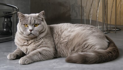 A serene modern still life of a British Shorthair cat with silver fur and amber eyes, captured in exquisite detail against minimalist decor, highlighting elegance, precision, and refined beauty.