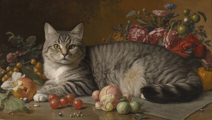 A Renaissance still life depicting an American Shorthair cat with silver fur, resting among fruits and flowers, illuminated by soft light and rendered with vivid detail and classical elegance.