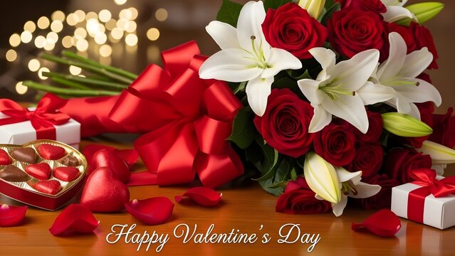 Valentine&rsquo;s Day Romantic Still Life with Roses and Chocolates