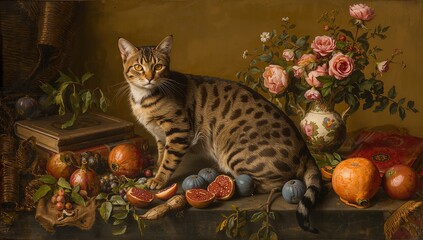 A Renaissance-style still life of a Bengal cat with spotted fur among vintage books, flowers, and exotic fruits, illuminated by warm golden light and rendered with vivid, realistic detail.