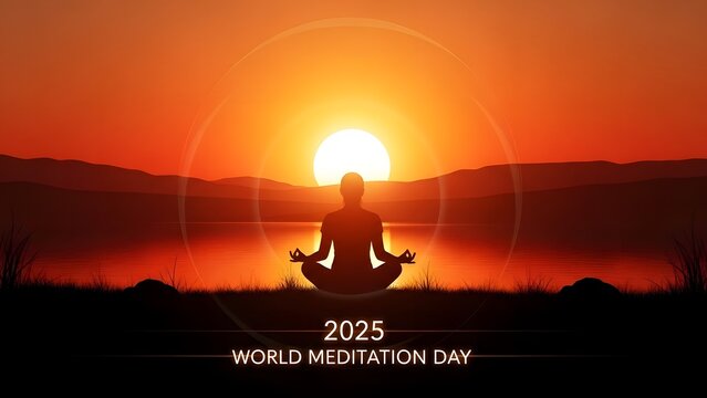 World Meditation Day 2025 Silhouette at Sunset Mindfulness and Inner Peace Poster