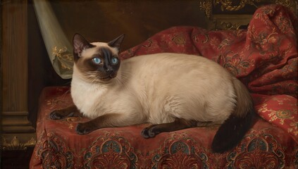 A regal Siamese cat with cream and seal-point fur lounges on an ornate velvet cushion in a richly detailed Renaissance still life, captured with exquisite elegance and precision.